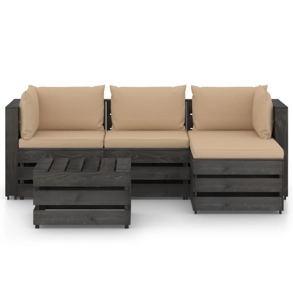 5 pcs conj. lounge jardim + almofadões madeira impreg. cinzento