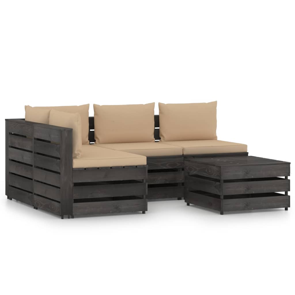 5 pcs conj. lounge jardim + almofadões madeira impreg. cinzento