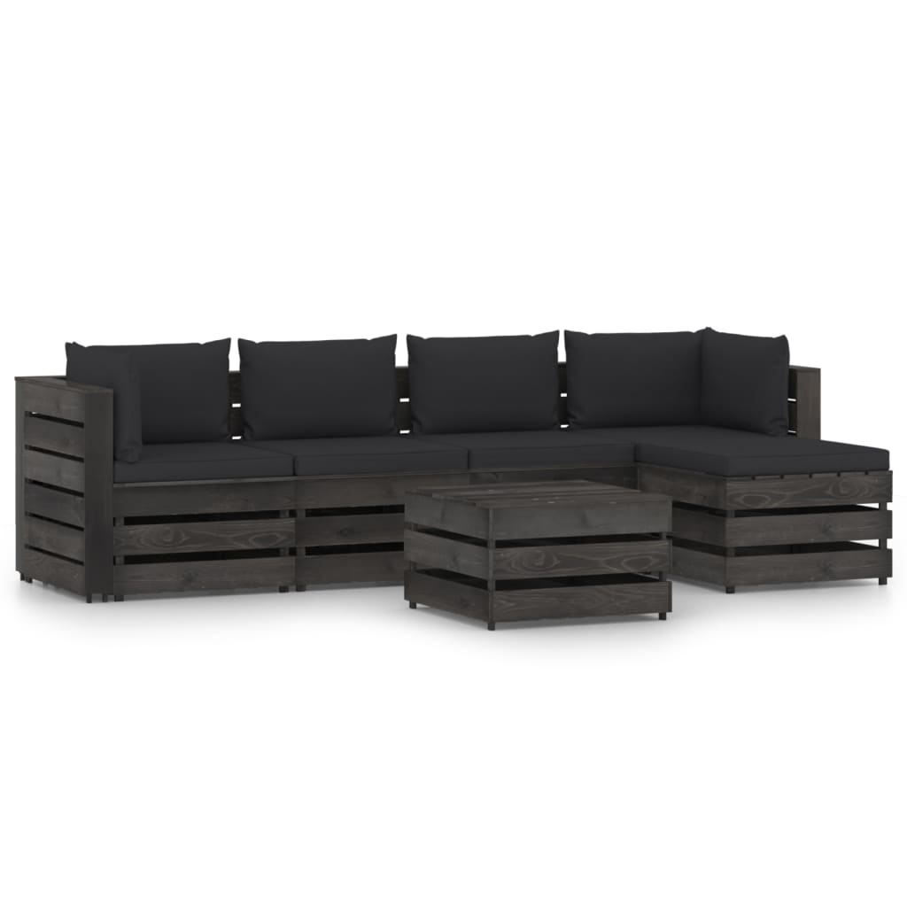 6 pcs conj. lounge jardim + almofadões madeira impreg. cinzento