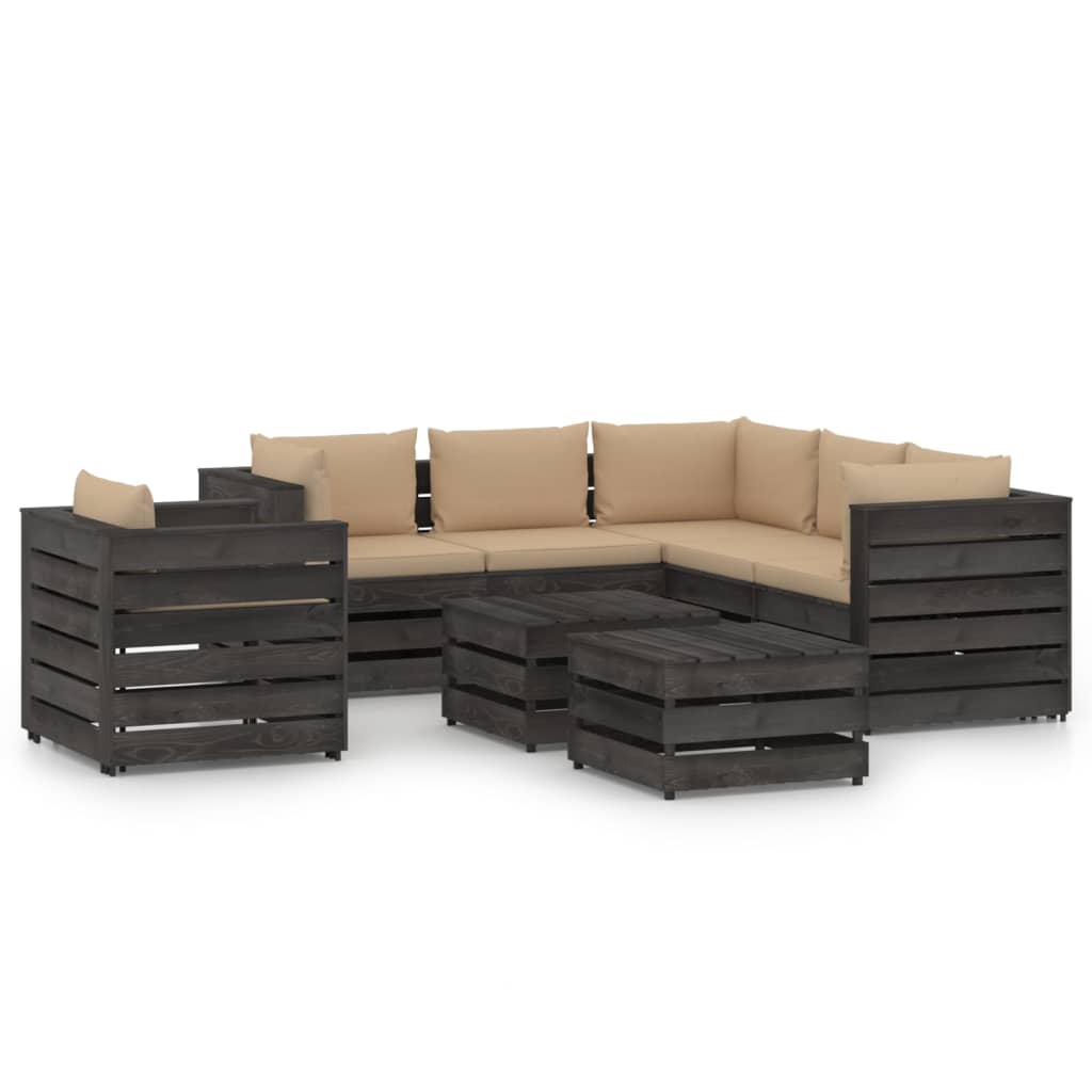 8 pcs conj. lounge jardim + almofadões madeira impreg. cinzento