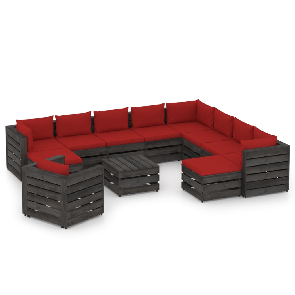 12pcs conj. lounge jardim + almofadões madeira impreg. cinzento