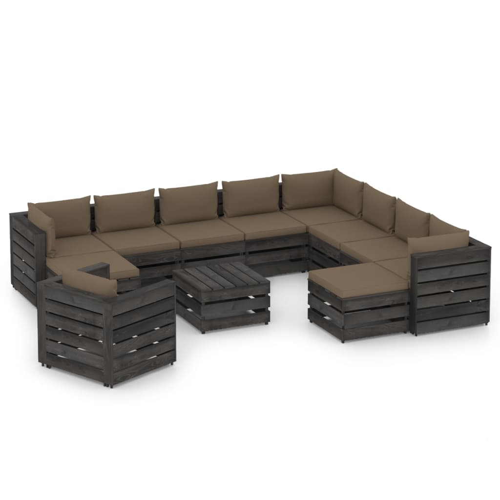 12pcs conj. lounge jardim + almofadões madeira impreg. cinzento