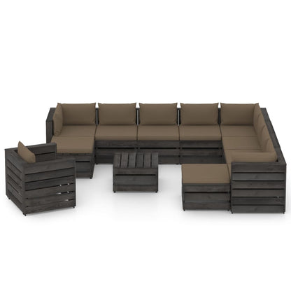 12pcs conj. lounge jardim + almofadões madeira impreg. cinzento