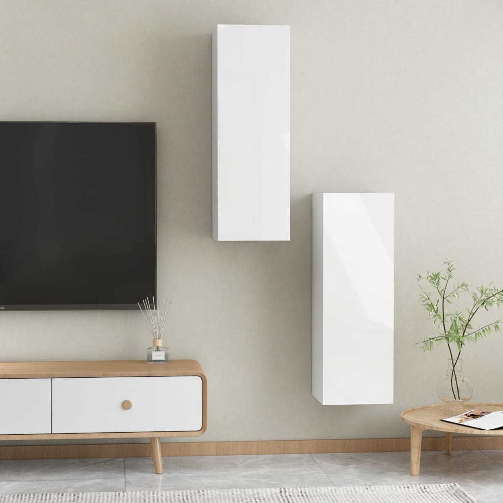 Móveis de TV 2 pcs 30,5x30x90 cm contraplacado branco brilhante