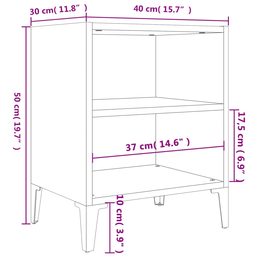 Mesas de cabeceira pernas em metal 2 pcs 40x30x50 cm branco