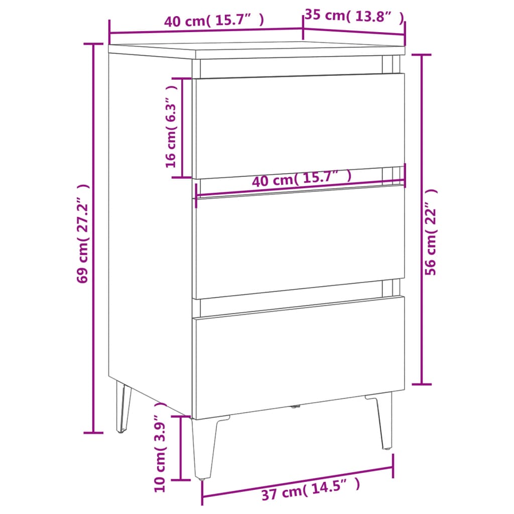 Mesas de cabeceira c/ pernas metal 2 pcs 40x35x69 cm cinzento