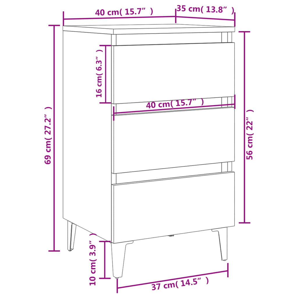 Mesas cabeceira pernas metal 2 pcs 40x35x69 cm cinzento cimento