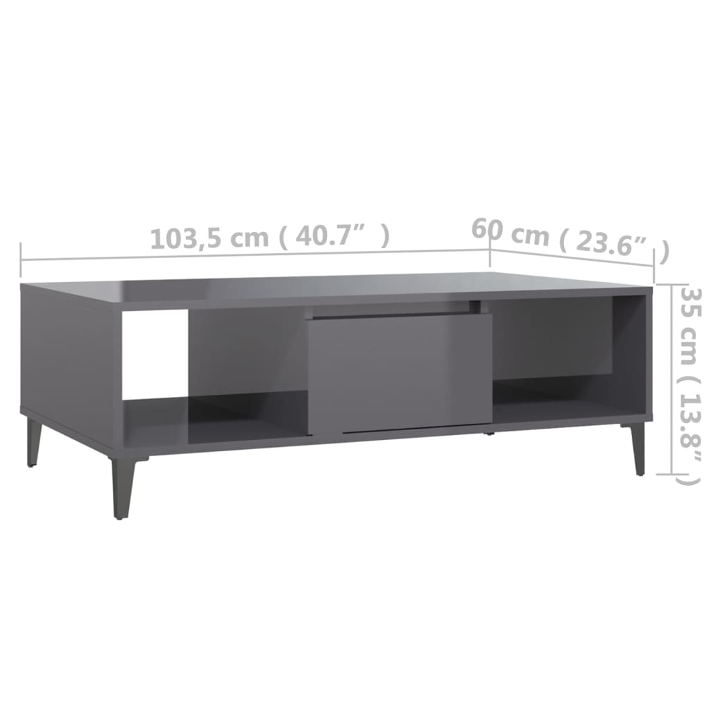 Mesa de centro 103,5x60x35 cm contraplacado cinzento brilhante