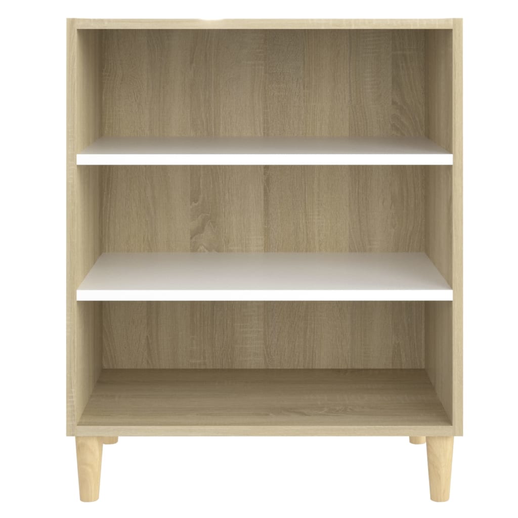 Aparador Yang - Cor Carvalho Sonoma e Branco - Com 3 Prateleiras - 57x35x70 cm - Em Contraplacado e Pernas em Madeira de Eucalipto Maciça - Design Minimalista