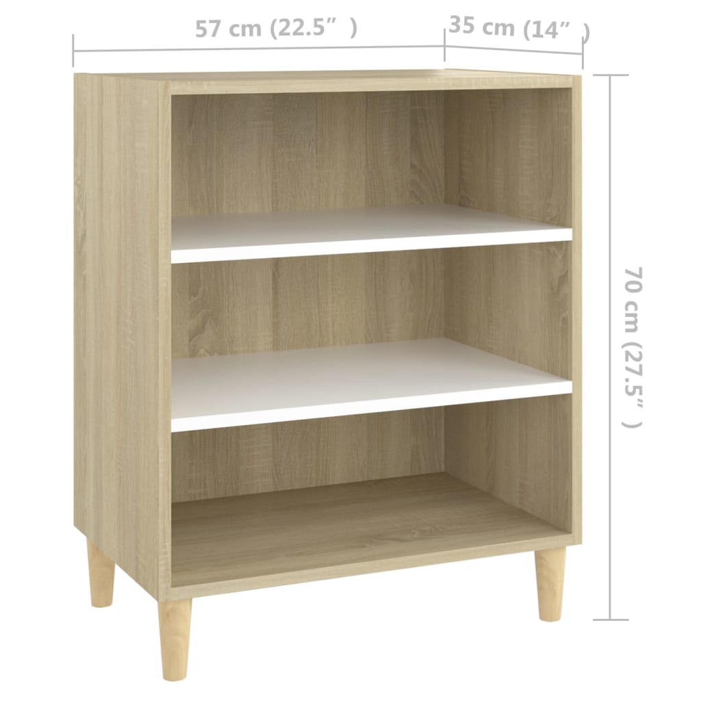 Aparador Yang - Cor Carvalho Sonoma e Branco - Com 3 Prateleiras - 57x35x70 cm - Em Contraplacado e Pernas em Madeira de Eucalipto Maciça - Design Minimalista