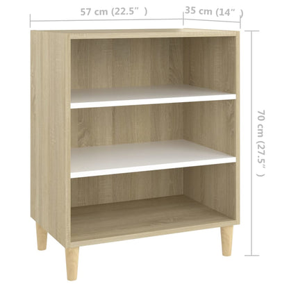 Aparador Yang - Cor Carvalho Sonoma e Branco - Com 3 Prateleiras - 57x35x70 cm - Em Contraplacado e Pernas em Madeira de Eucalipto Maciça - Design Minimalista