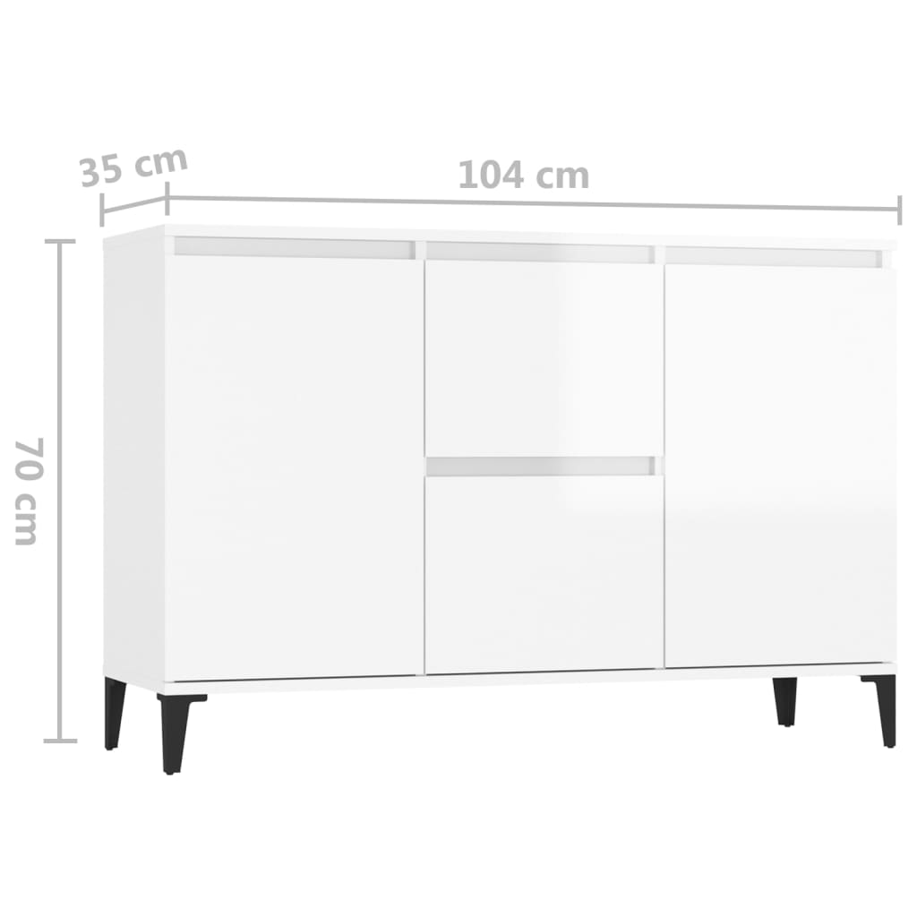 Aparador Ayla - Cor Branco Brilhante - Com 2 Gavetas e 2 Portas - 104x35x70 cm- Design Moderno