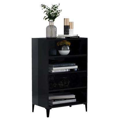 Aparador Yang - Cor Preto Brilhante - Com 4 Prateleiras - 57x35x90 cm - Em Contraplacado e Pernas em Ferro  - Design Minimalista