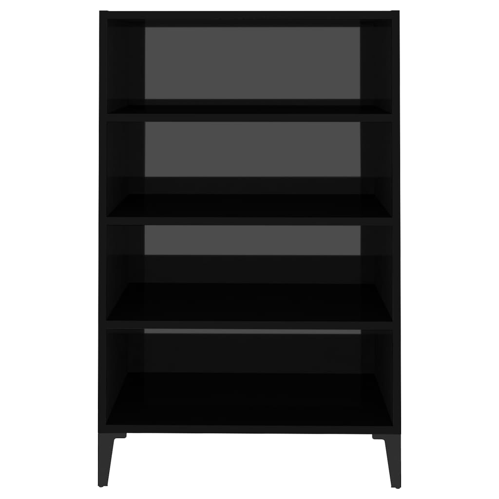 Aparador Yang - Cor Preto Brilhante - Com 4 Prateleiras - 57x35x90 cm - Em Contraplacado e Pernas em Ferro  - Design Minimalista