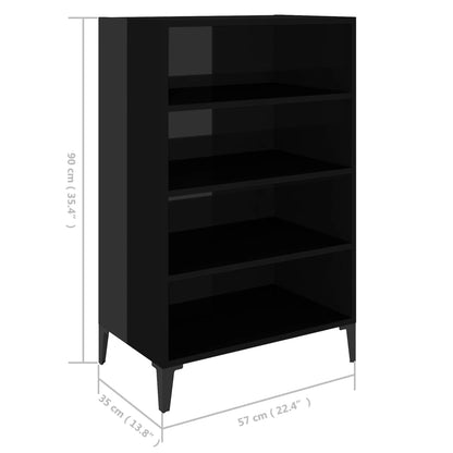 Aparador Yang - Cor Preto Brilhante - Com 4 Prateleiras - 57x35x90 cm - Em Contraplacado e Pernas em Ferro  - Design Minimalista