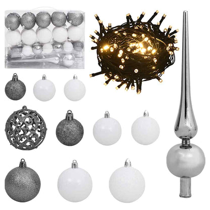 Conj. de bolas de natal 61 pcs c/ pico e 150 LEDs branco/cinza