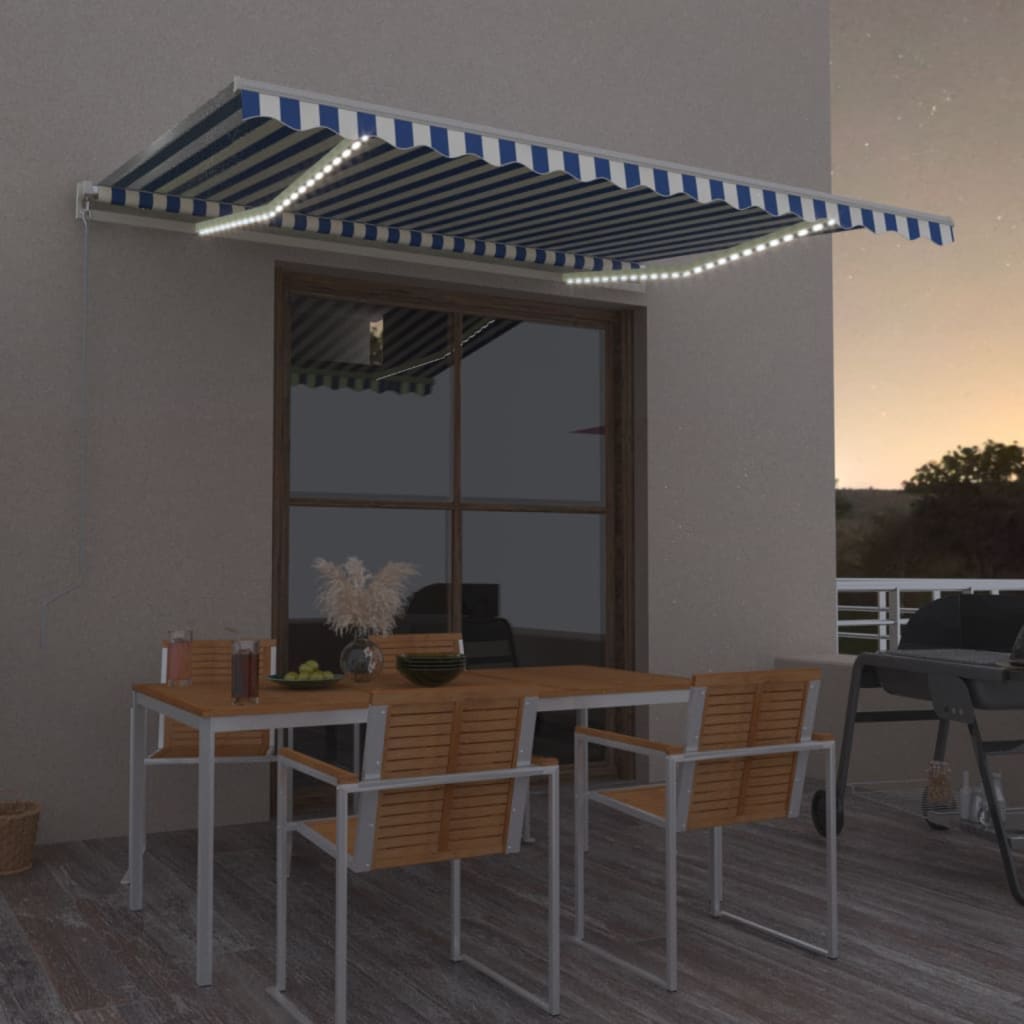 Toldo automático LED e sensor de vento 400x350 cm azul e branco