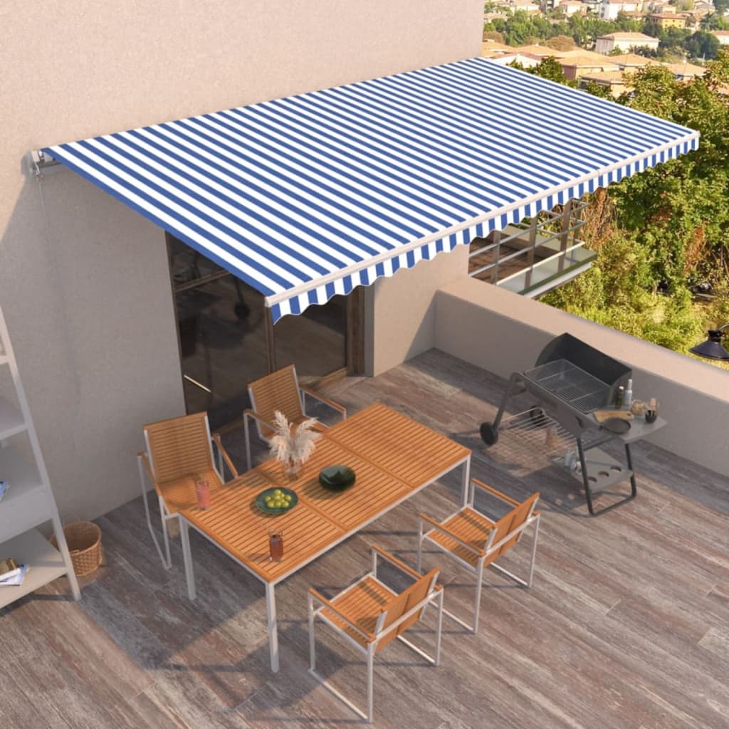 Toldo retrátil manual 600x350 cm azul e branco