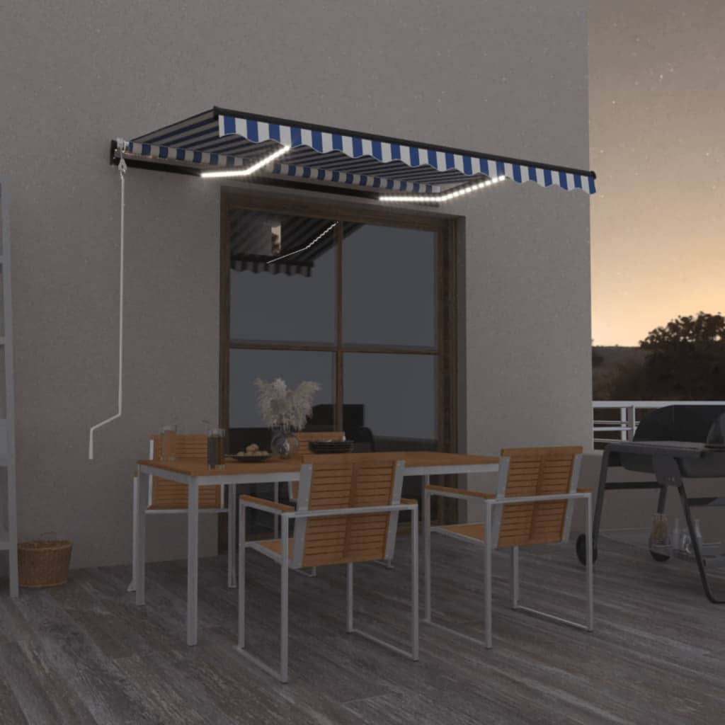 Toldo automático LED e sensor de vento 300x250 cm azul e branco