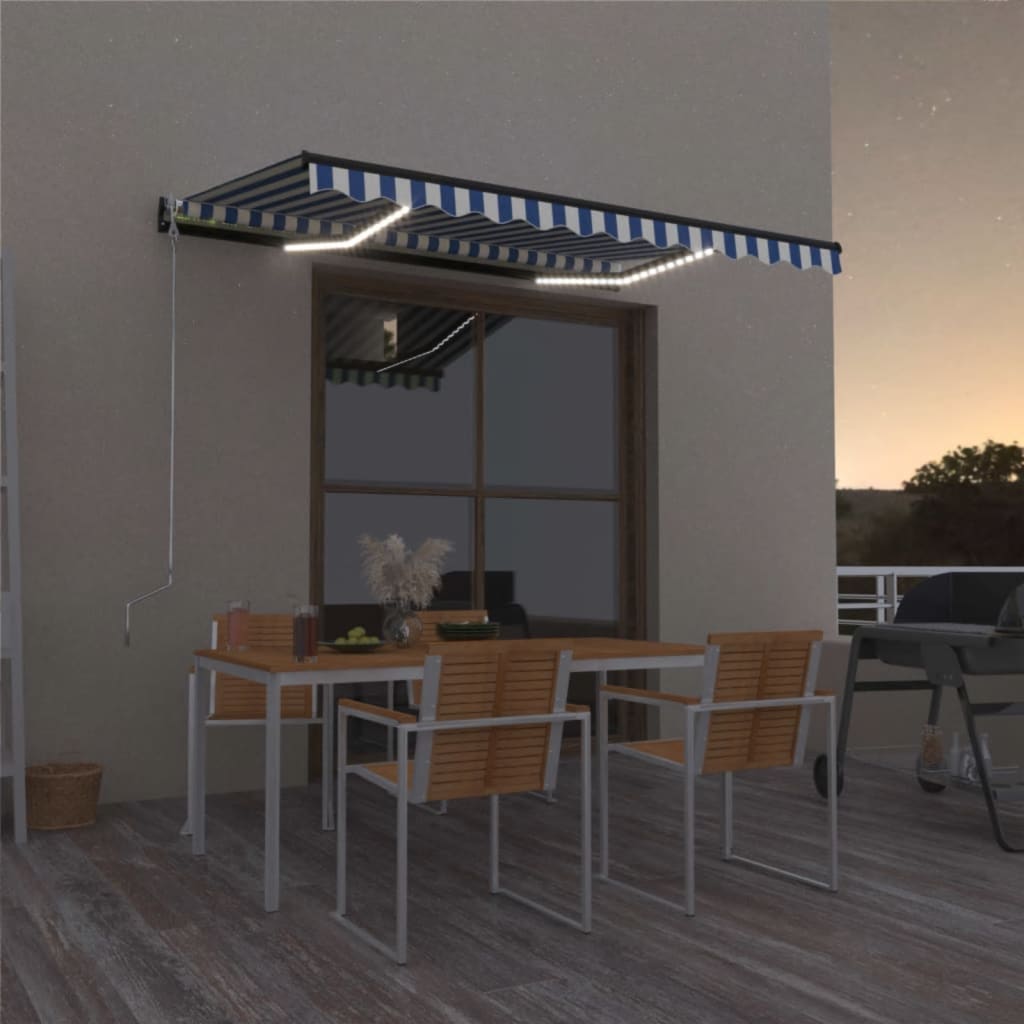 Toldo retrátil manual com LED 350x250 cm azul e branco