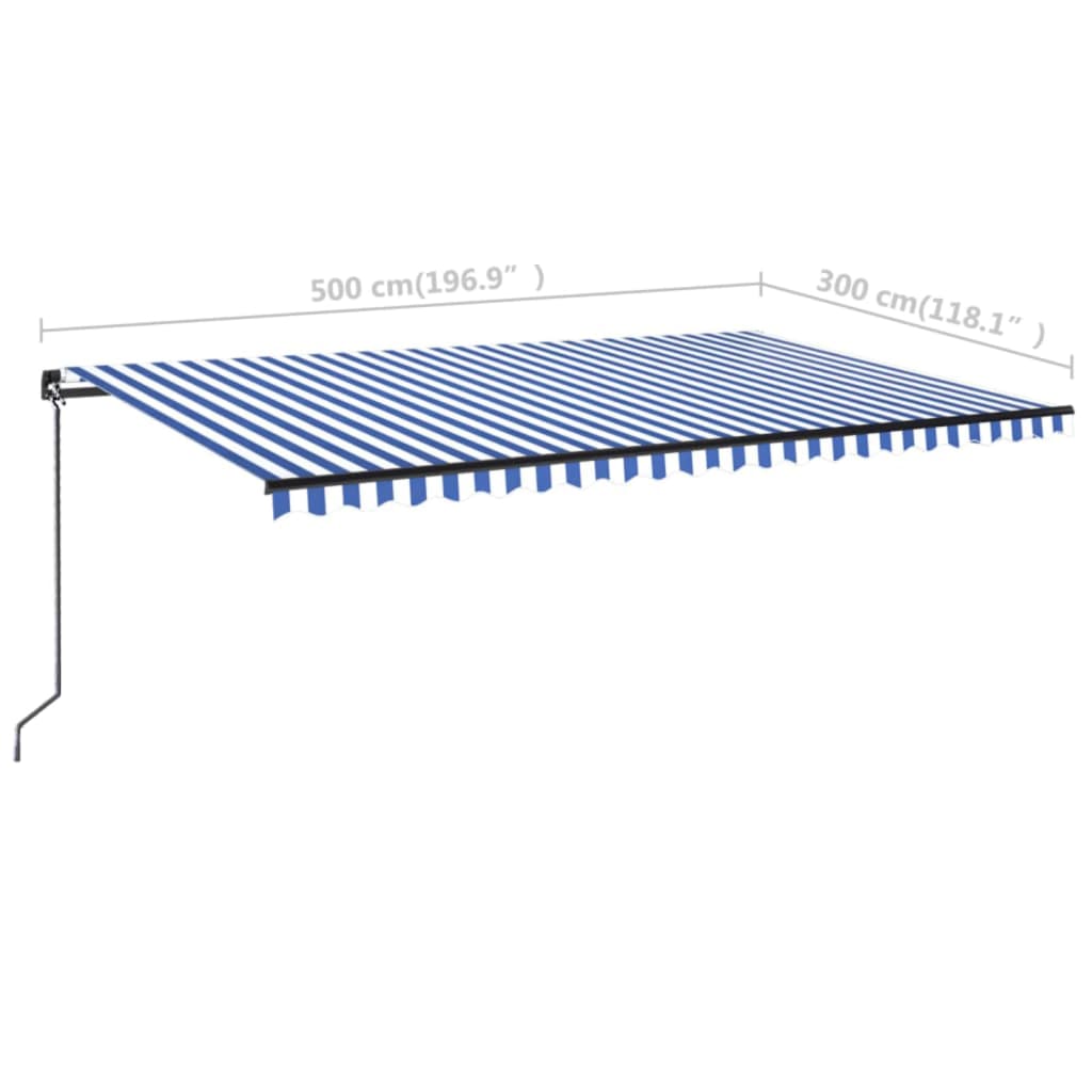 Toldo retrátil manual com LED 500x300 cm azul e branco