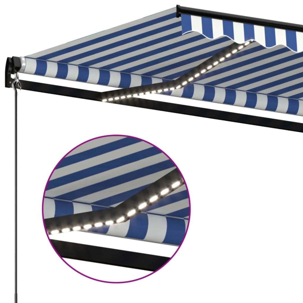 Toldo retrátil manual com LED 600x300 cm azul e branco