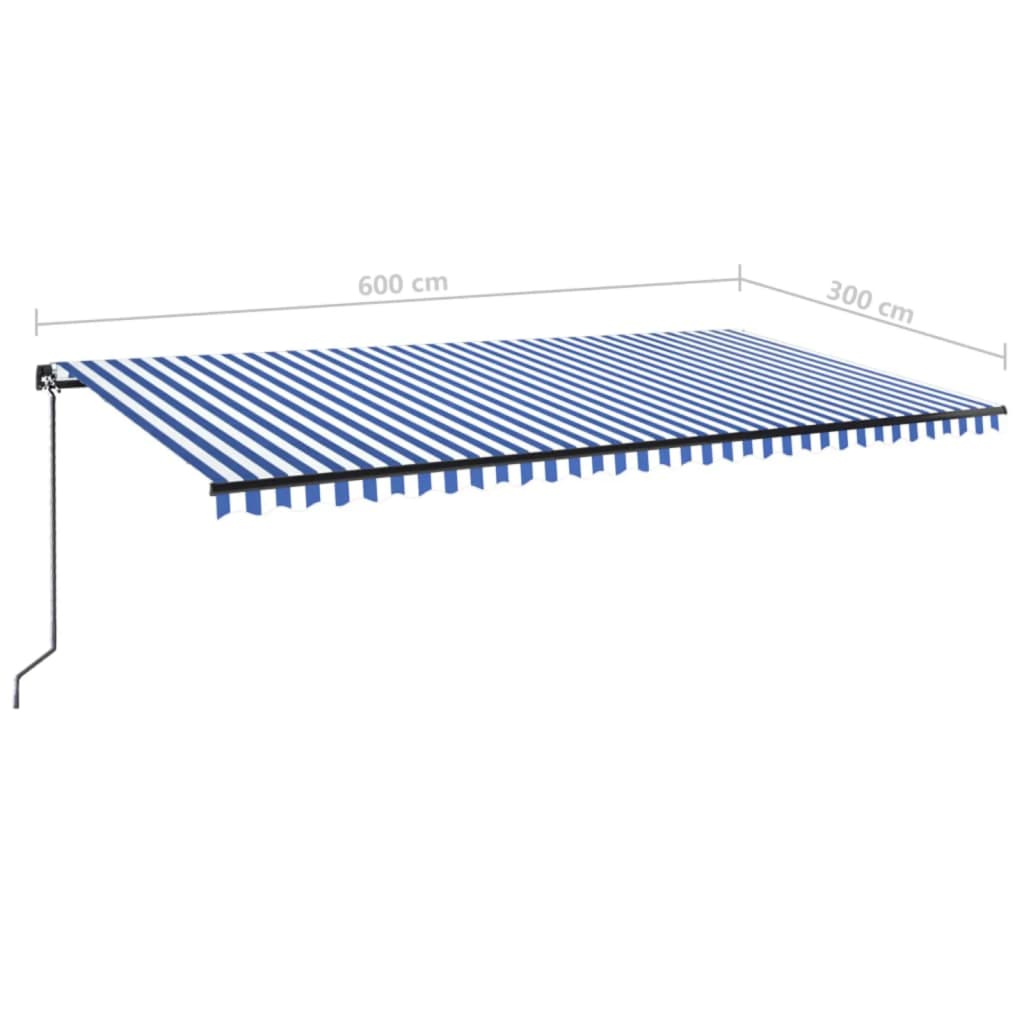 Toldo retrátil manual com LED 600x300 cm azul e branco