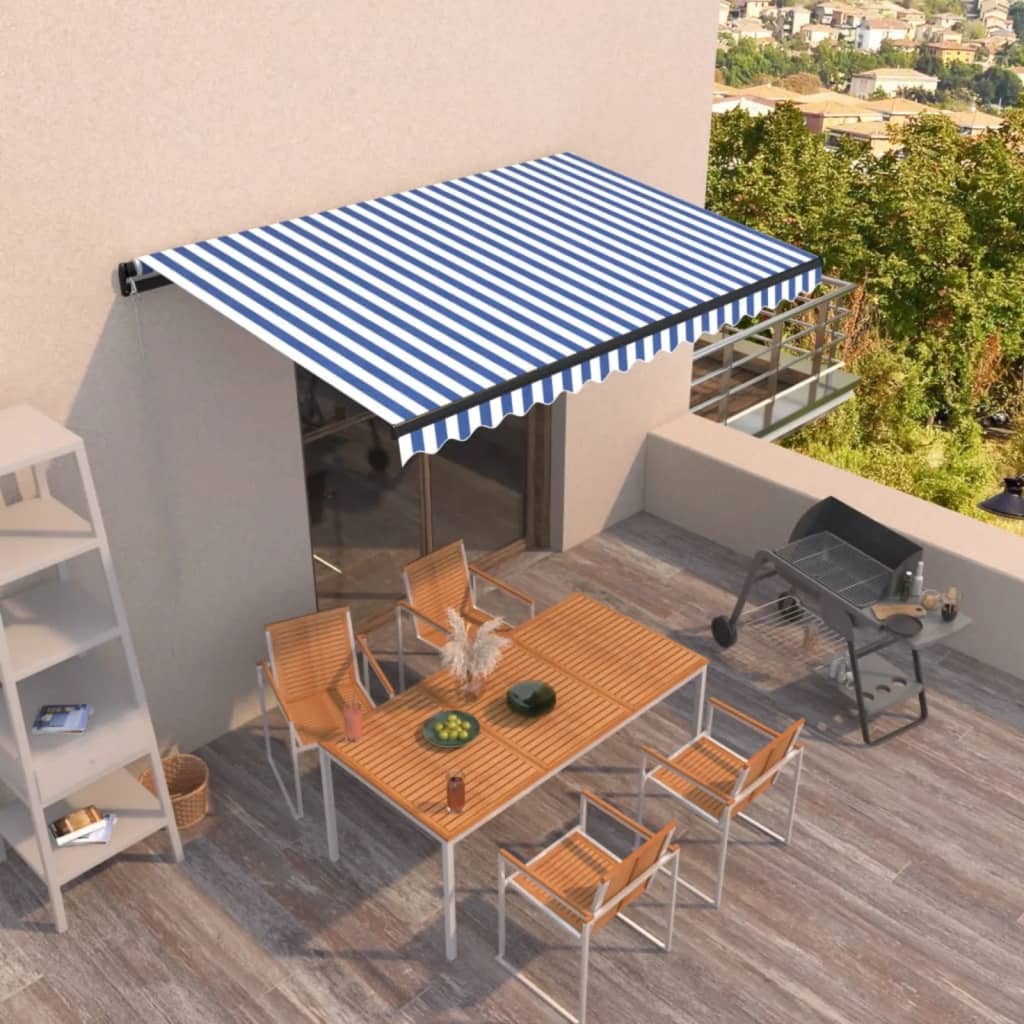 Toldo retrátil manual 400x350 cm azul e branco