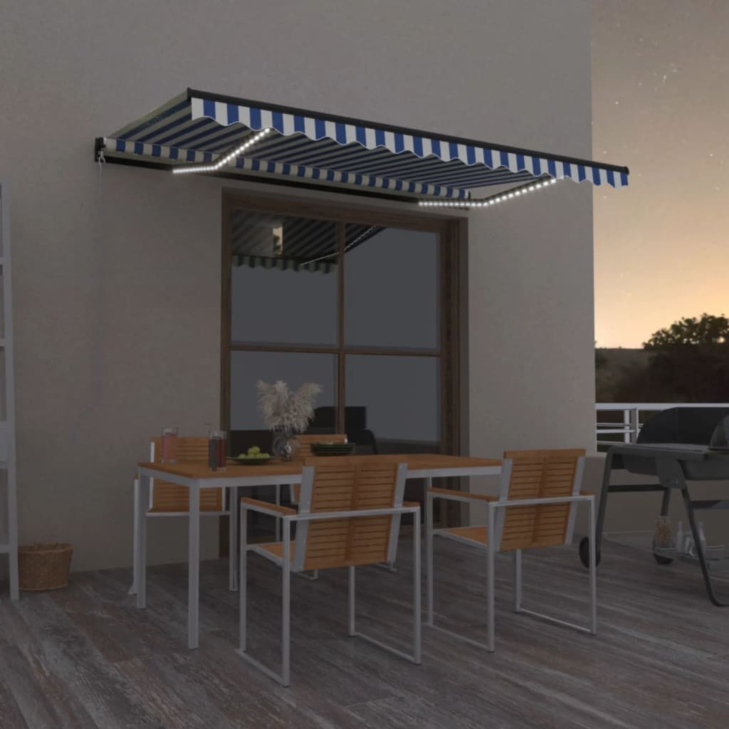 Toldo retrátil manual com LED 400x350 cm azul e branco