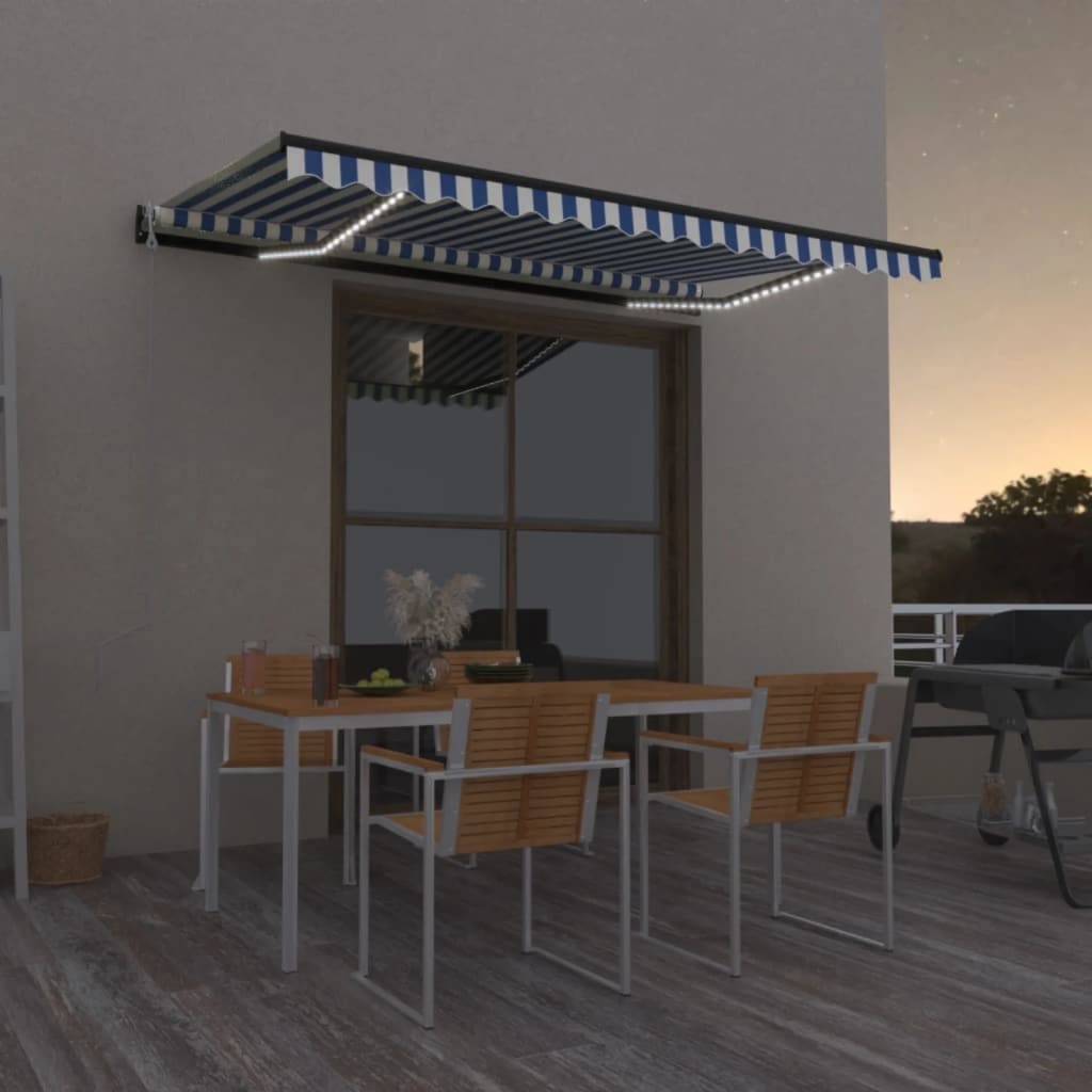 Toldo automático c/ LED e sensor de vento 450x350cm azul/branco