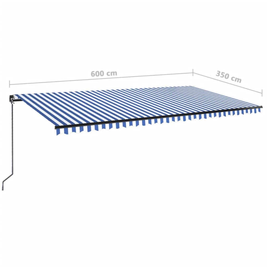 Toldo retrátil manual com LED 600x350 cm azul e branco