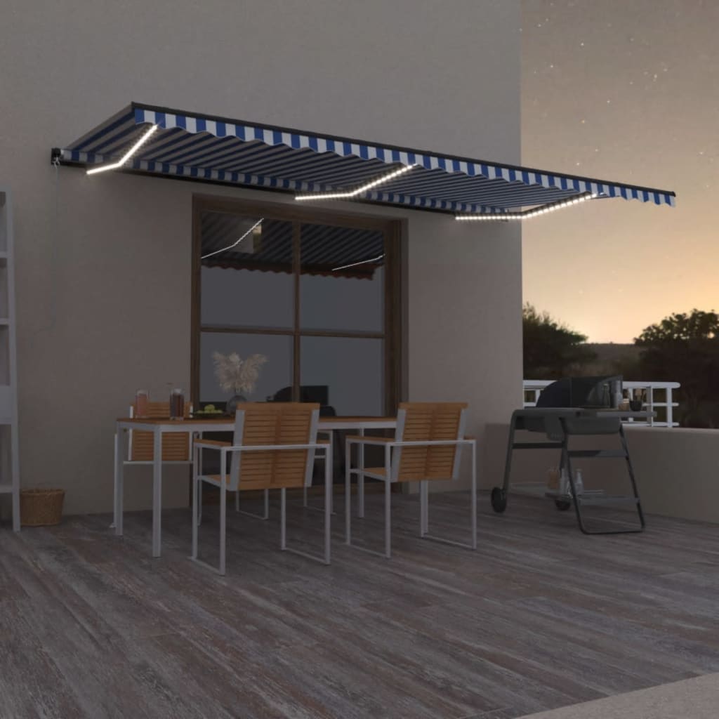 Toldo retrátil manual com LED 600x350 cm azul e branco