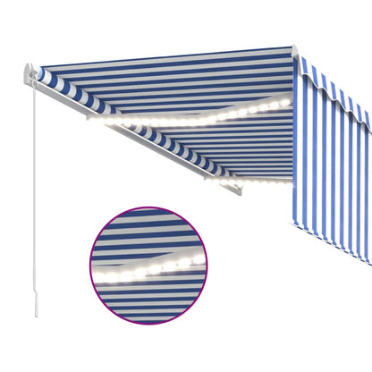 Toldo retrátil manual com estore/LED 3,5x2,5 m azul e branco