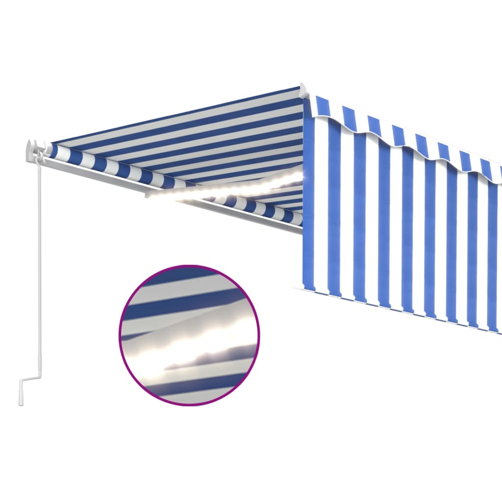 Toldo retrátil manual com estore/LED 5x3 m azul e branco