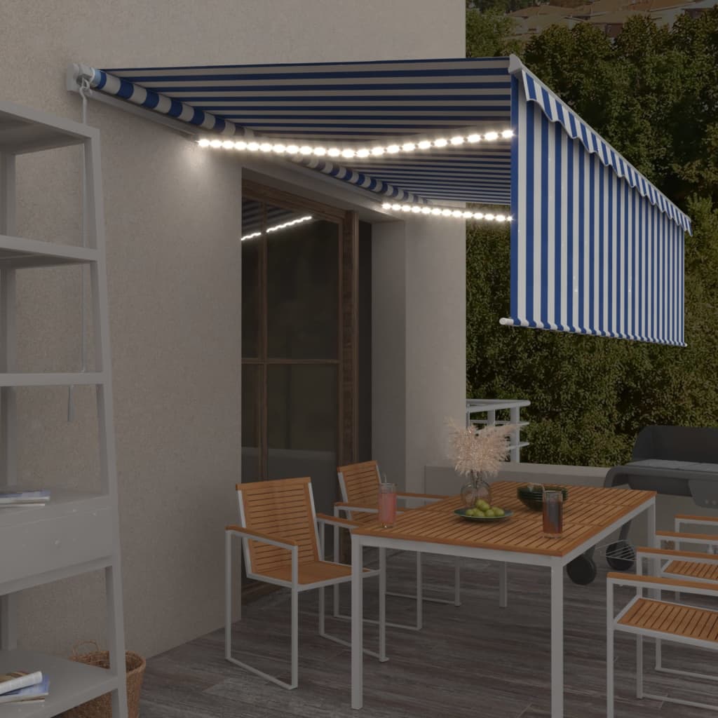 Toldo retrátil manual com estore/LED 5x3 m azul e branco