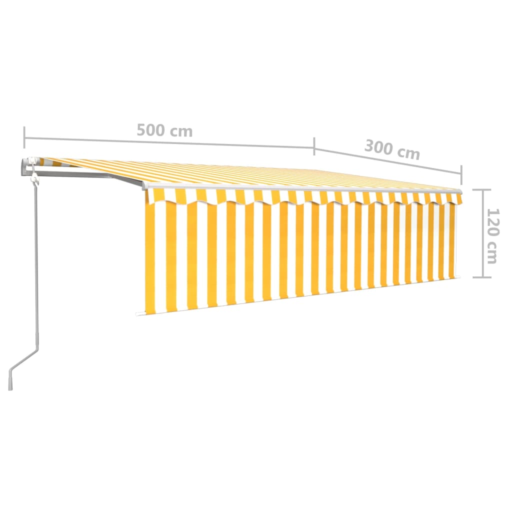 Toldo autom. c/ estore/LED/sensor de vento 5x3 m amarelo/branco