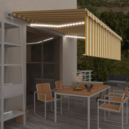 Toldo autom. c/ estore/LED/sensor de vento 5x3 m amarelo/branco