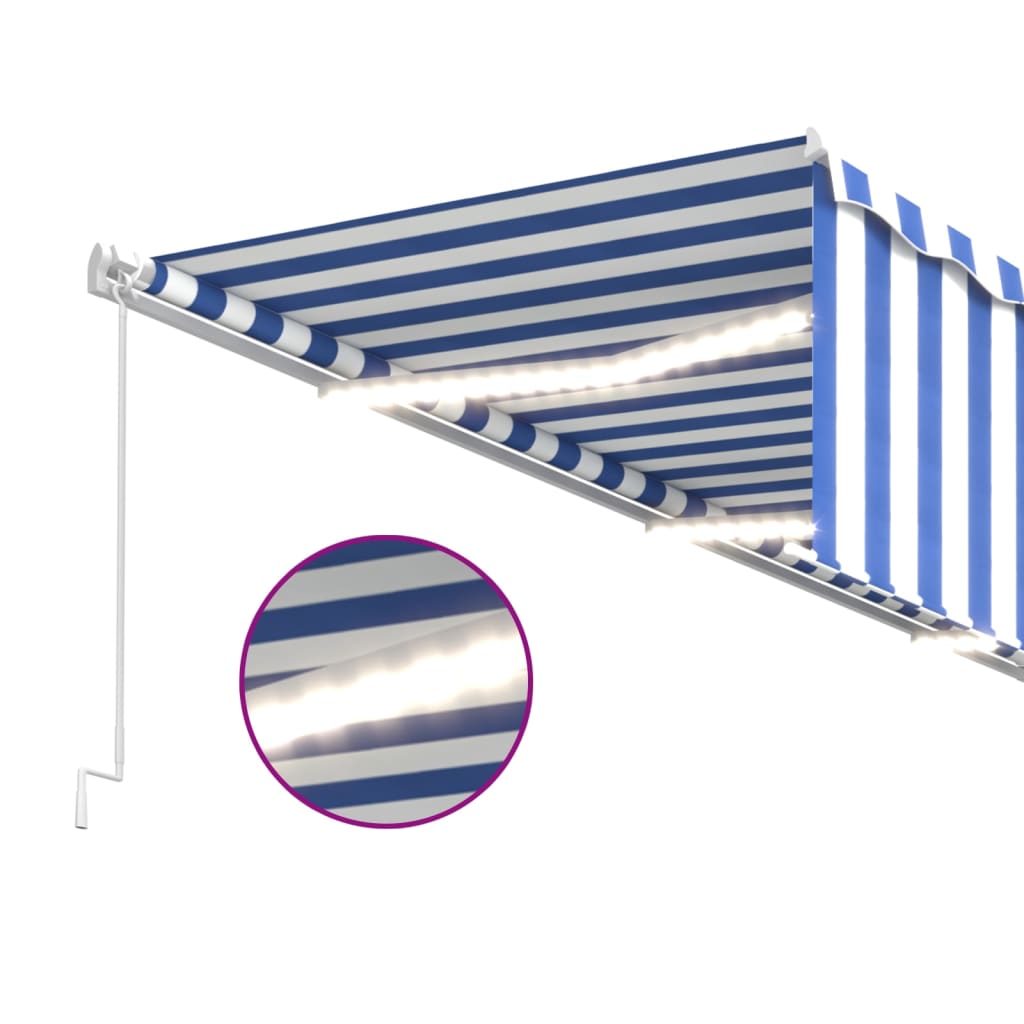 Toldo retrátil manual com estore/LED 6x3 m azul e branco