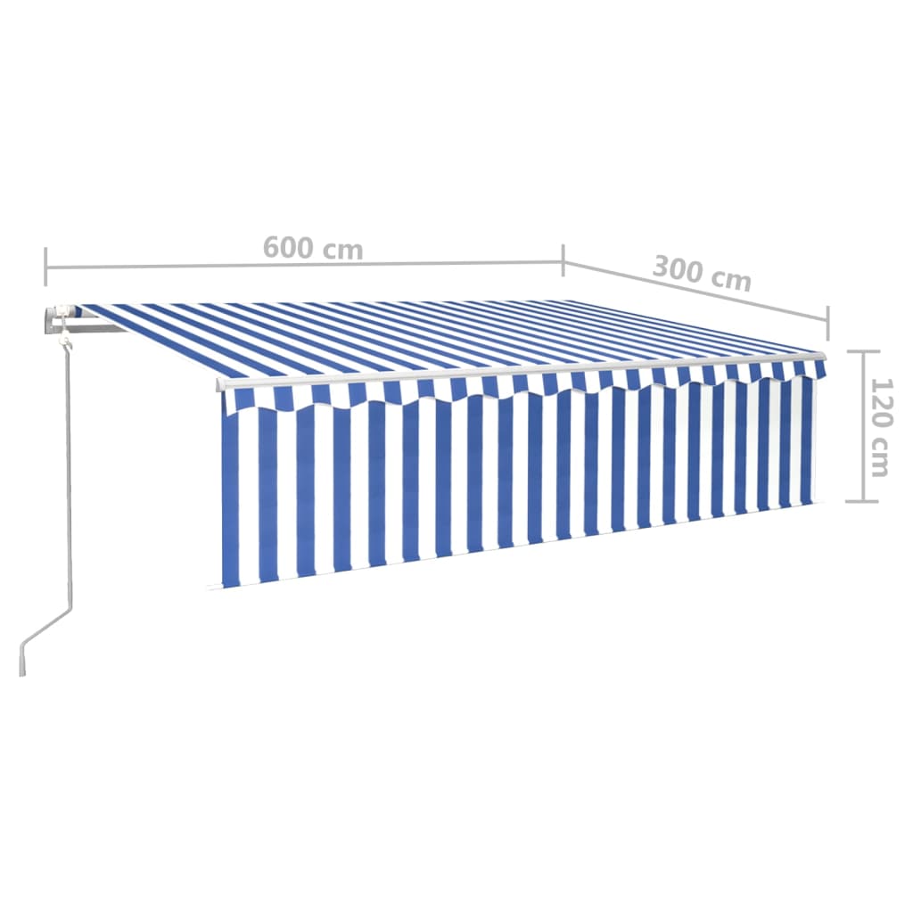 Toldo automático c/ estore/LED/sensor de vento 6x3m azul/branco