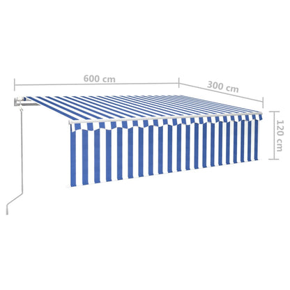 Toldo automático c/ estore/LED/sensor de vento 6x3m azul/branco