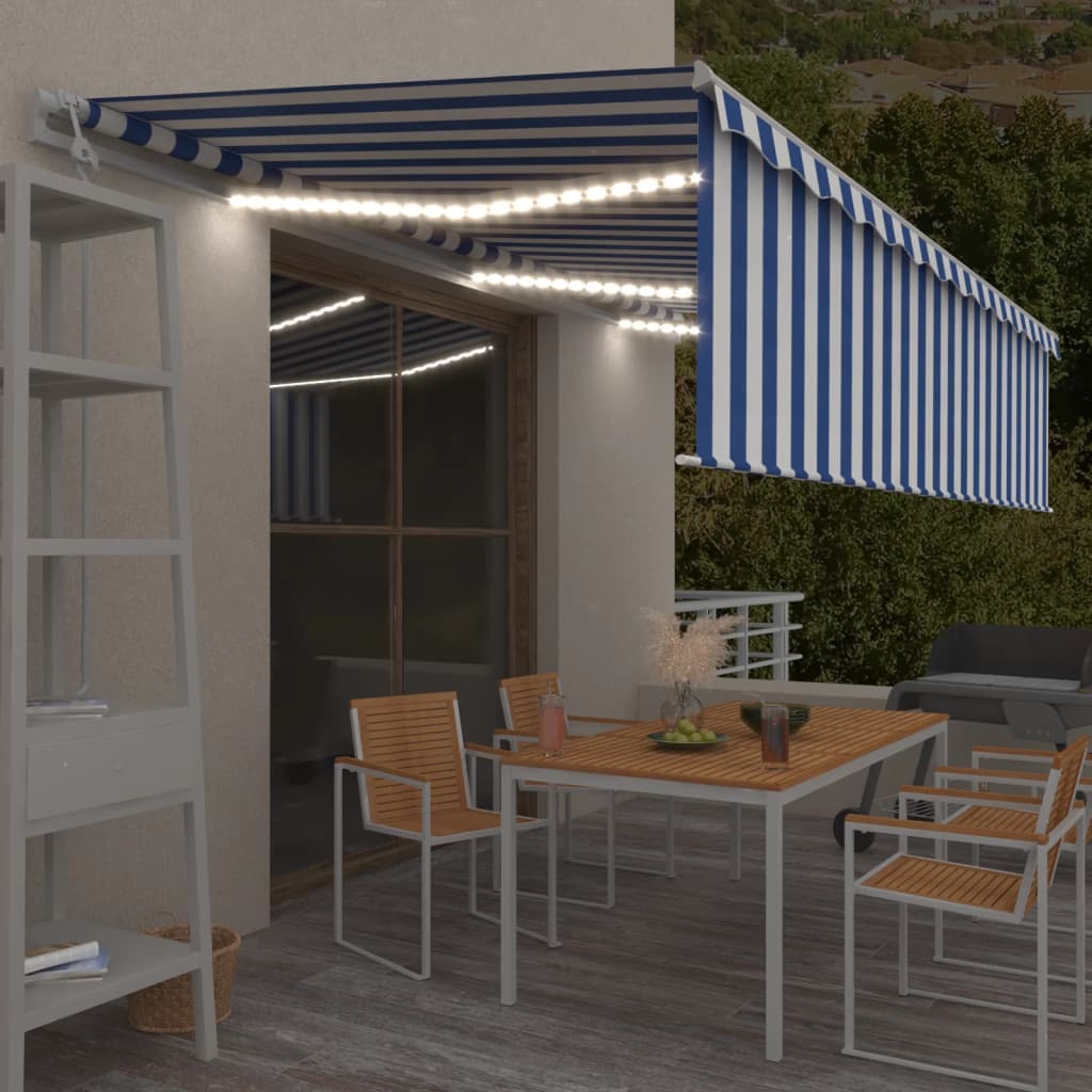 Toldo automático c/ estore/LED/sensor de vento 6x3m azul/branco