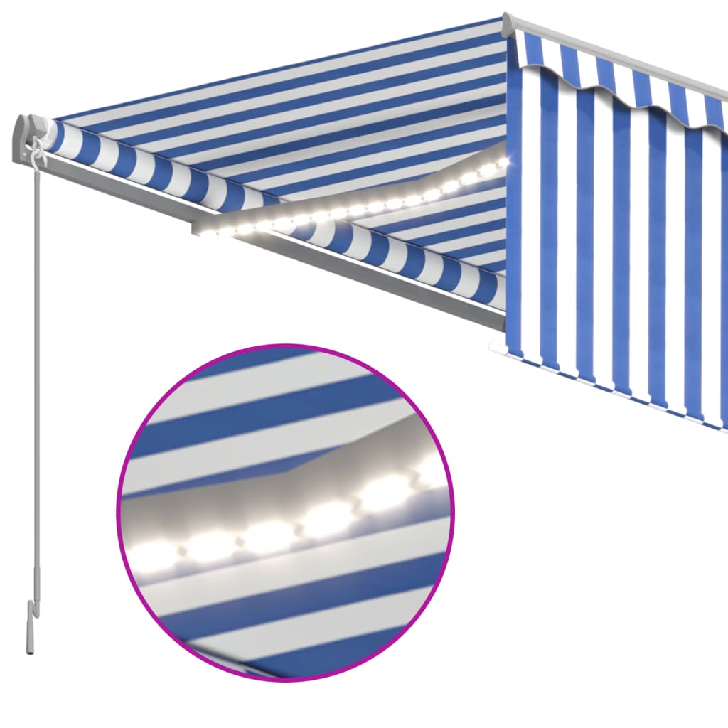 Toldo retrátil manual com estore/LED 3x2,5 m azul e branco