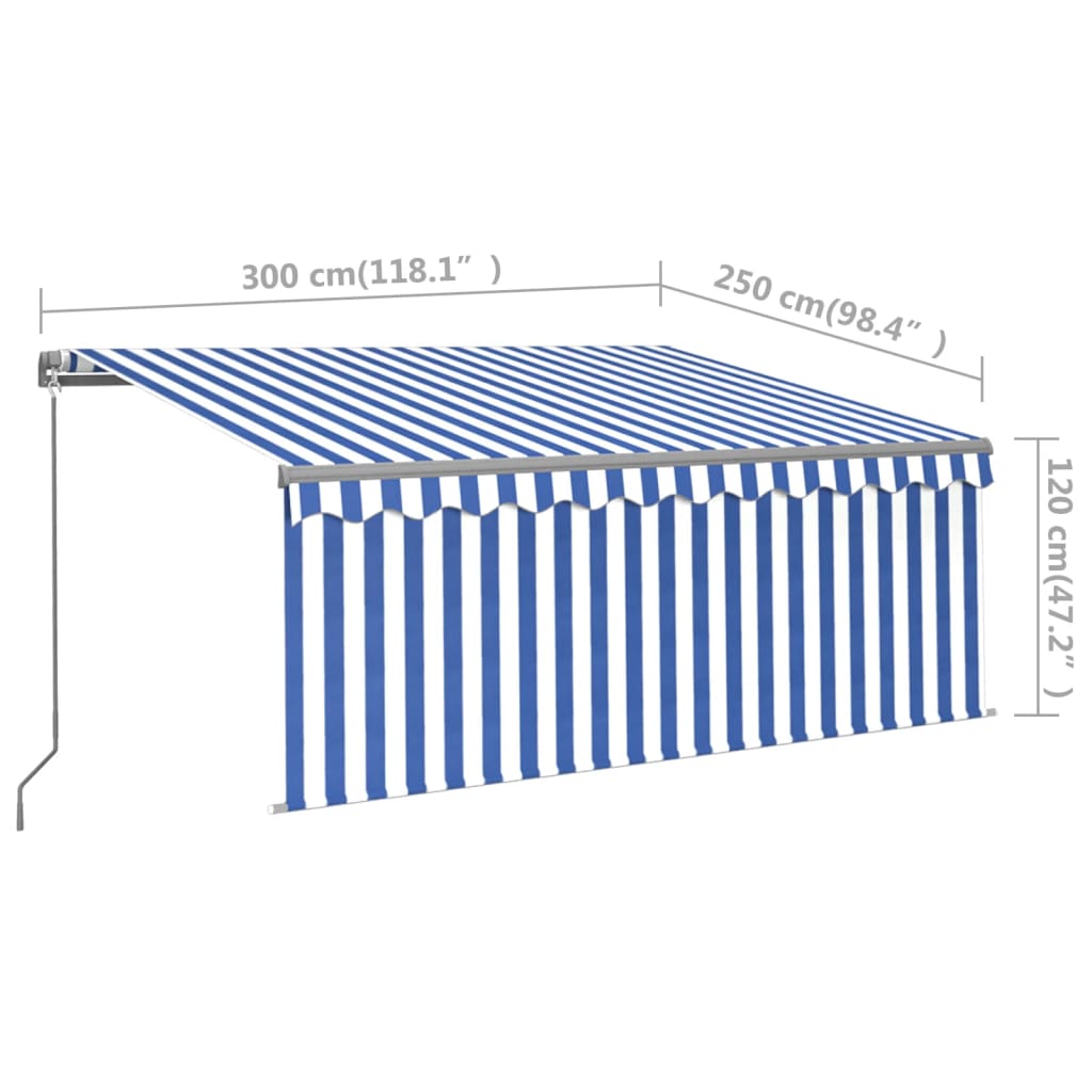 Toldo retrátil manual com estore/LED 3x2,5 m azul e branco