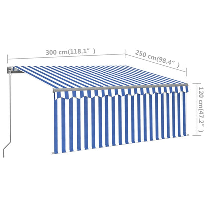 Toldo retrátil manual com estore/LED 3x2,5 m azul e branco