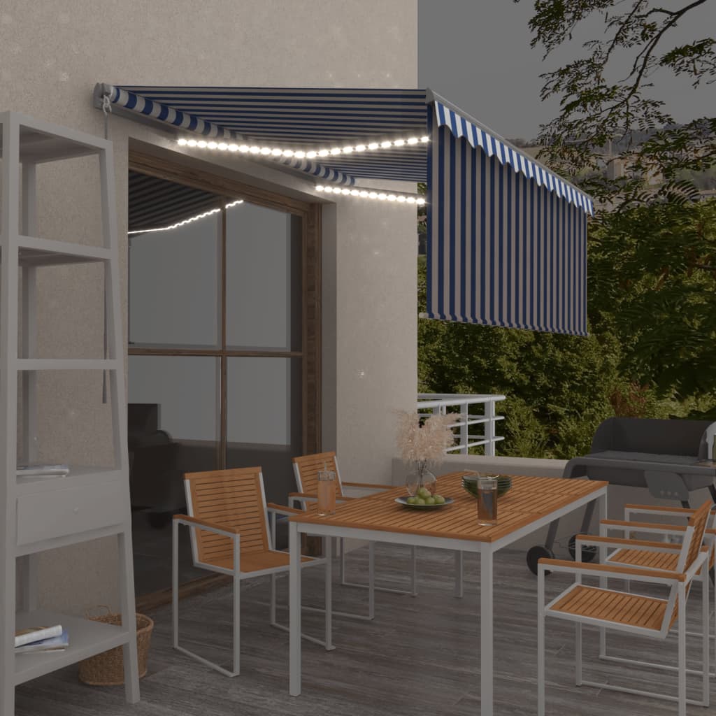 Toldo retrátil manual com estore/LED 3x2,5 m azul e branco