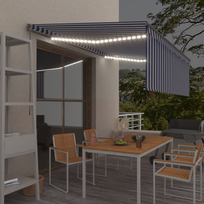 Toldo retrátil manual com estore/LED 4,5x3 m azul e branco