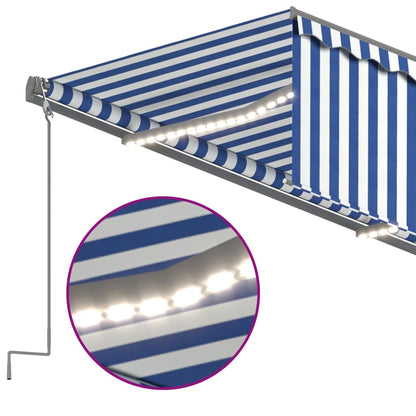 Toldo retrátil manual com estore/LED 5x3 m azul e branco