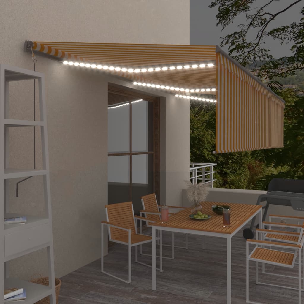 Toldo autom. c/ estore/LED/sensor de vento 6x3 m amarelo/branco