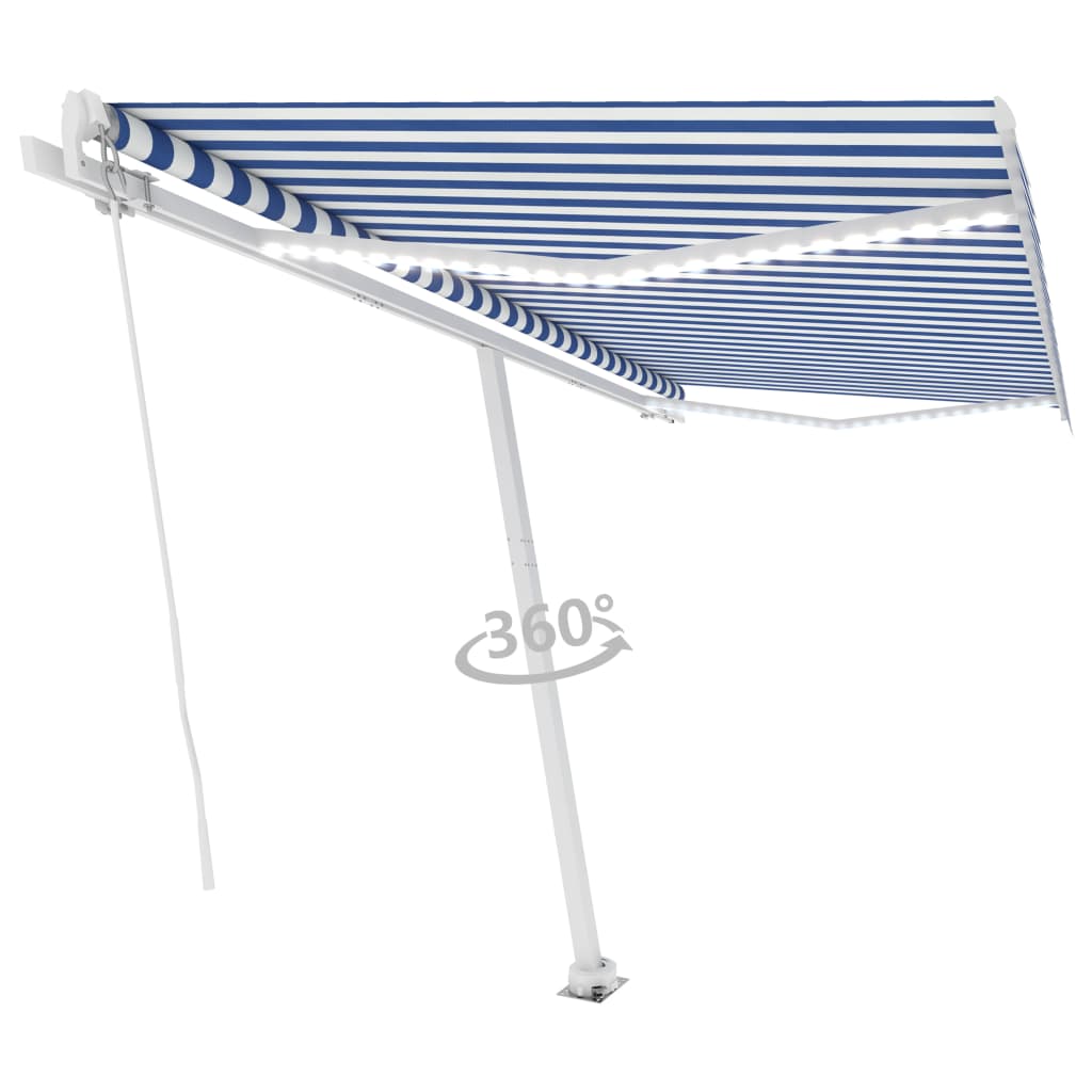 Toldo retrátil manual com LED 400x300 cm azul e branco