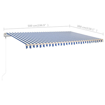 Toldo retrátil manual com postes 5x3 m azul e branco